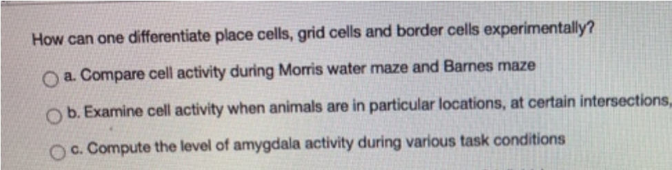 How can one differentiate place cells, grid cells and border cells experimentally?
O a. Compare cell activity during Morris water maze and Barnes maze
O b. Examine cell activity when animals are in particular locations, at certain intersections,
OC. Compute the level of amygdala activity during various task conditions
