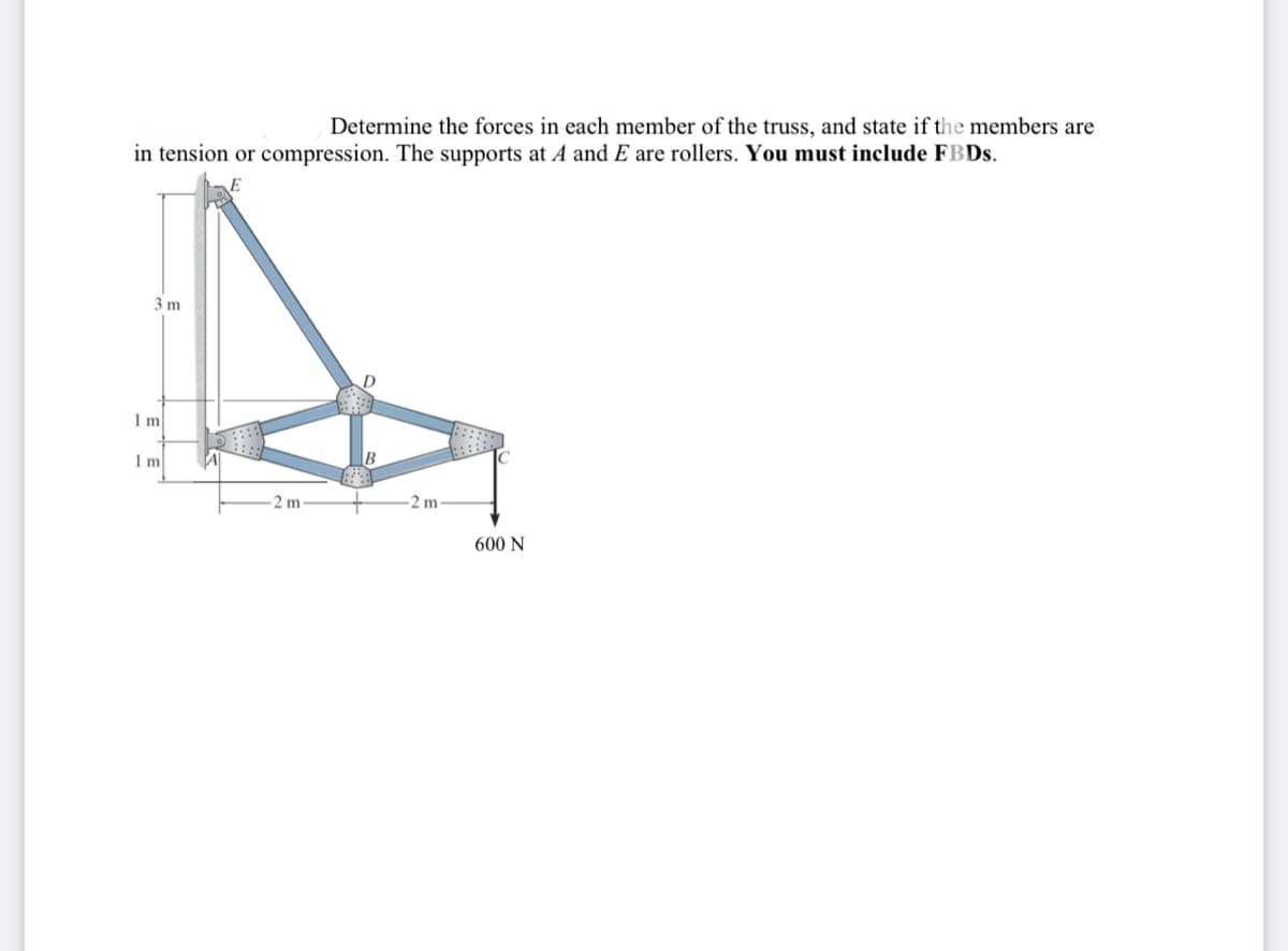 Determine the forces in each member of the truss, and state if the members are
in tension or compression. The supports at A and E are rollers. You must include FBDs.
E
3 m
2 m-
1 m
1 m
2 m
600 N