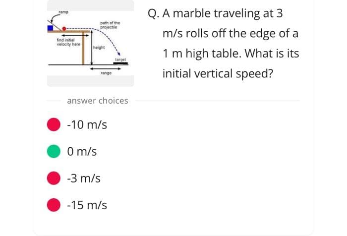 ramp
find initial
velocity here
path of the
projectile
range
0 m/s
answer choices
-10 m/s
-3 m/s
target
-15 m/s
Q. A marble traveling at 3
m/s rolls off the edge of a
1 m high table. What is its
initial vertical speed?