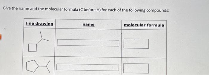 Give the name and the molecular formula (C before H) for each of the following compounds:
line drawing
name
molecular formula
1.0