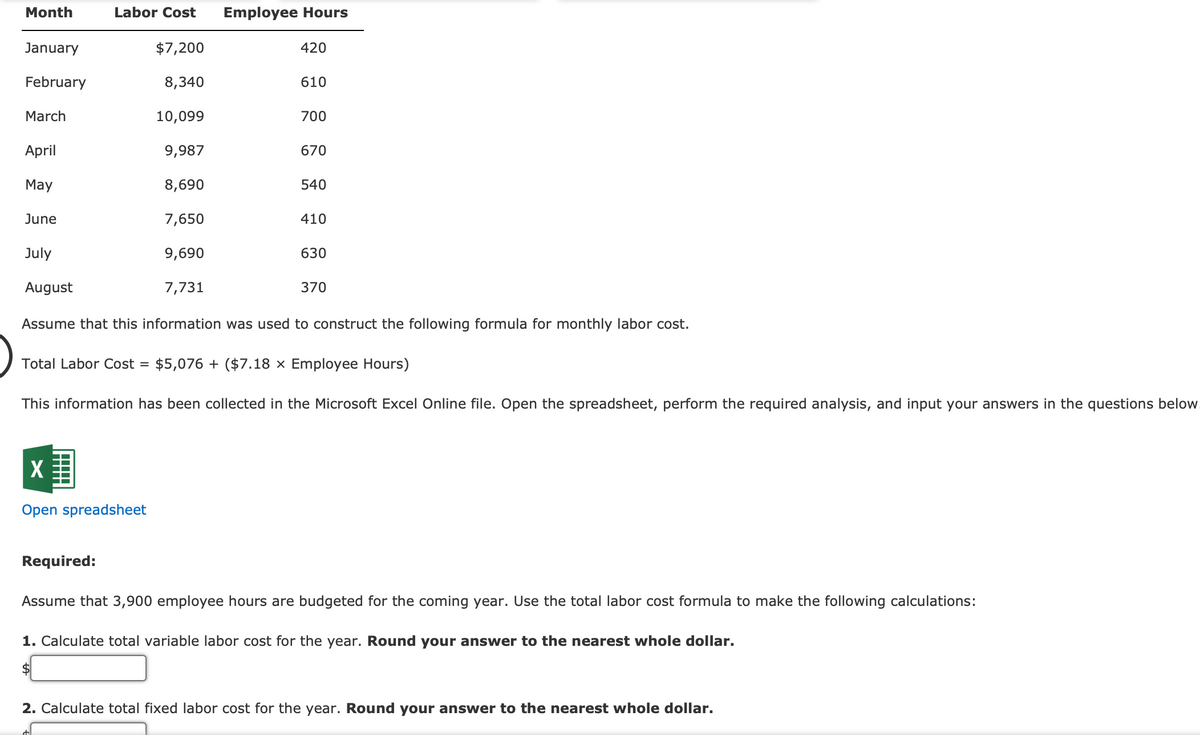 Month
Labor Cost Employee Hours
January
$7,200
420
February
8,340
610
March
10,099
700
April
9,987
670
May
8,690
540
June
7,650
410
July
9,690
630
August
7,731
370
Assume that this information was used to construct the following formula for monthly labor cost.
Total Labor Cost =
$5,076 + ($7.18 × Employee Hours)
This information has been collected in the Microsoft Excel Online file. Open the spreadsheet, perform the required analysis, and input your answers in the questions below
X
Open spreadsheet
Required:
Assume that 3,900 employee hours are budgeted for the coming year. Use the total labor cost formula to make the following calculations:
1. Calculate total variable labor cost for the year. Round your answer to the nearest whole dollar.
$
2. Calculate total fixed labor cost for the year. Round your answer to the nearest whole dollar.