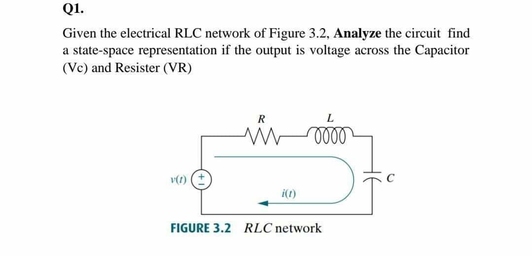 Q1.
Given the electrical RLC network of Figure 3.2, Analyze the circuit find
a state-space representation if the output is voltage across the Capacitor
(Vc) and Resister (VR)
R
v(t)
i(t)
FIGURE 3.2 RLC network
