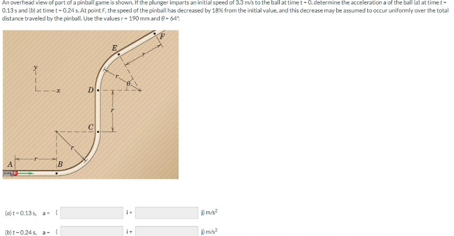 An overhead view of part of a pinball game is shown. If the plunger imparts an initial speed of 3.3 m/s to the ball at time t = 0, determine the acceleration a of the ball (a) at time t =
0.13s and (b) at time t = 0.24 s. At point F, the speed of the pinball has decreased by 18% from the initial value, and this decrease may be assumed to occur uniformly over the total
distance traveled by the pinball. Use the values r= 190 mm and 0 = 64°
A
wwwww
y
L--x
-r
B
(a) t=0.13s, a= (
(b) t-0.24s, a- (
E
D-T
C
i+
i+
F
j) m/s²
j) m/s²