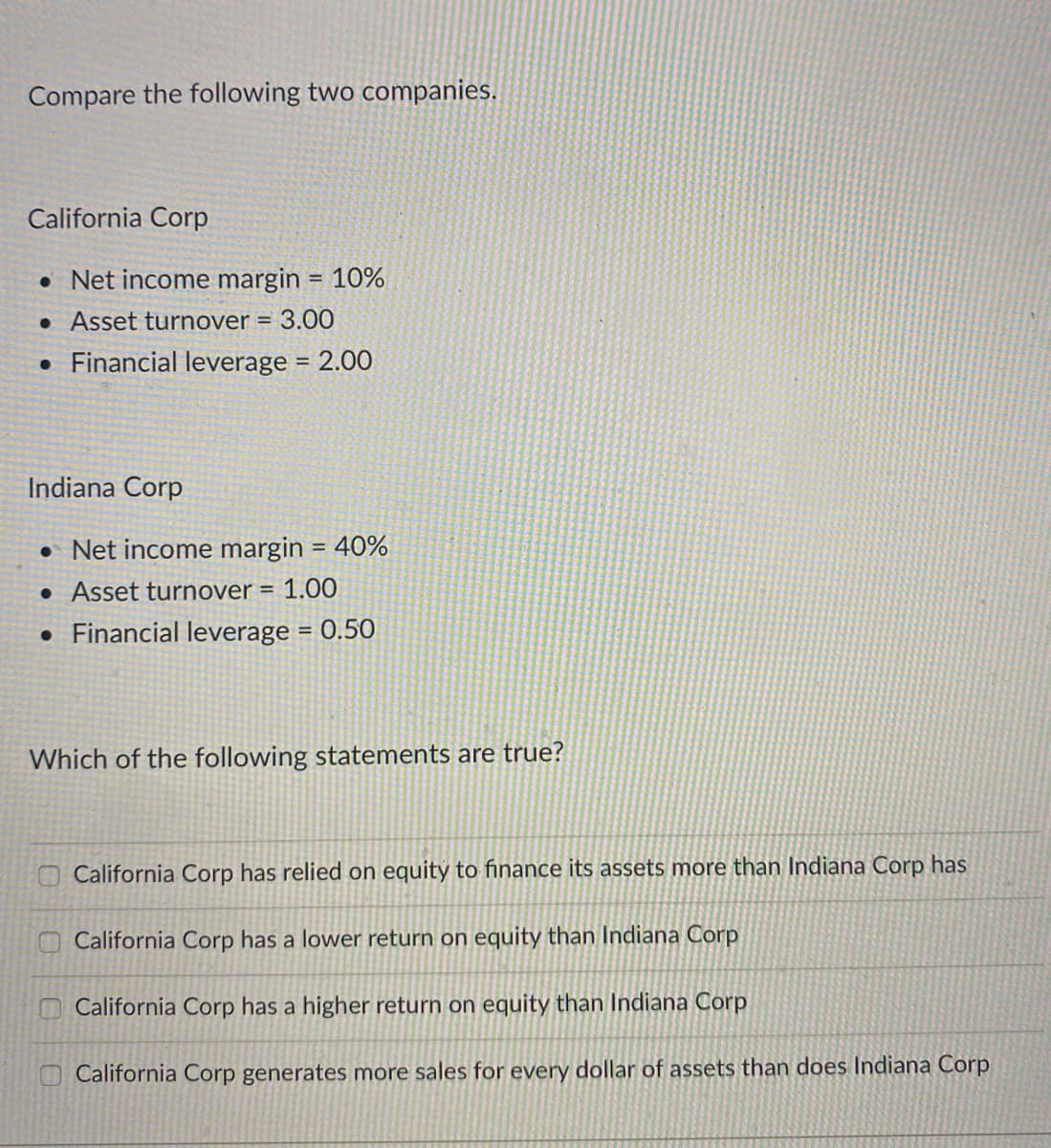 Compare the following two companies.
California Corp
• Net income margin = 10%
• Asset turnover = 3.00
• Financial leverage = 2.00
Indiana Corp
• Net income margin = 40%
• Asset turnover = 1.00
!3!
• Financial leverage = 0.50
Which of the following statements are true?
California Corp has relied on equitý to finance its assets more than Indiana Corp has
California Corp has a lower return on equity than Indiana Corp
OCalifornia Corp has a higher return on equity than Indiana Corp
California Corp generates more sales for every dollar of assets than does Indiana Corp
