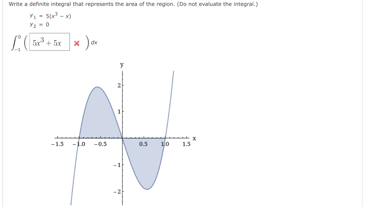 Write a definite integral that represents the area of the region. (Do not evaluate the integral.)
Y1 = 5(x3 – x)
Y2 = 0
5x3 + 5x
dx
y
1
-1.5
-1.0
-0.5
0.5
1.0
1.5
-1
-2
