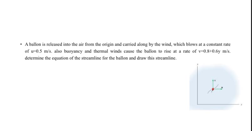 ⚫ A ballon is released into the air from the origin and carried along by the wind, which blows at a constant rate
of u=0.5 m/s. also buoyancy and thermal winds cause the ballon to rise at a rate of v=0.8+0.6y m/s.
determine the equation of the streamline for the ballon and draw this streamline.