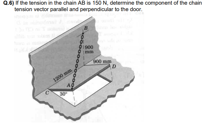 Q.6) If the tension in the chain AB is 150 N, determine the component of the chain
tension vector parallel and perpendicular to the door.
O1900
mm
900 mm
D
1200 mm
A
30°
