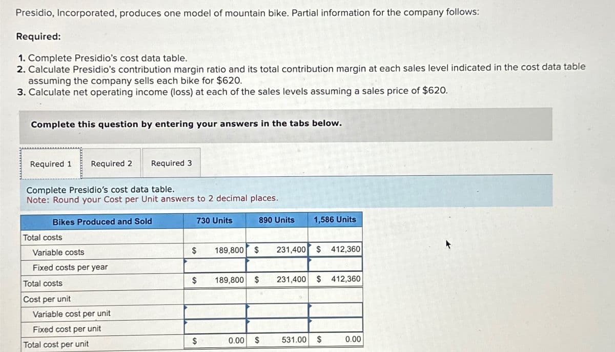 Presidio, Incorporated, produces one model of mountain bike. Partial information for the company follows:
Required:
1. Complete Presidio's cost data table.
2. Calculate Presidio's contribution margin ratio and its total contribution margin at each sales level indicated in the cost data table
assuming the company sells each bike for $620.
3. Calculate net operating income (loss) at each of the sales levels assuming a sales price of $620.
Complete this question by entering your answers in the tabs below.
Required 1
Required 2
Required 3
Complete Presidio's cost data table.
Note: Round your Cost per Unit answers to 2 decimal places.
Bikes Produced and Sold
730 Units
890 Units
1,586 Units
Total costs
Variable costs
$
189,800 $
231,400 $
412,360
Fixed costs per year
Total costs
$
189,800 $
231,400 $ 412,360
Cost per unit
Variable cost per unit
Fixed cost per unit
Total cost per unit
$
0.00 $
531.00 $
0.00