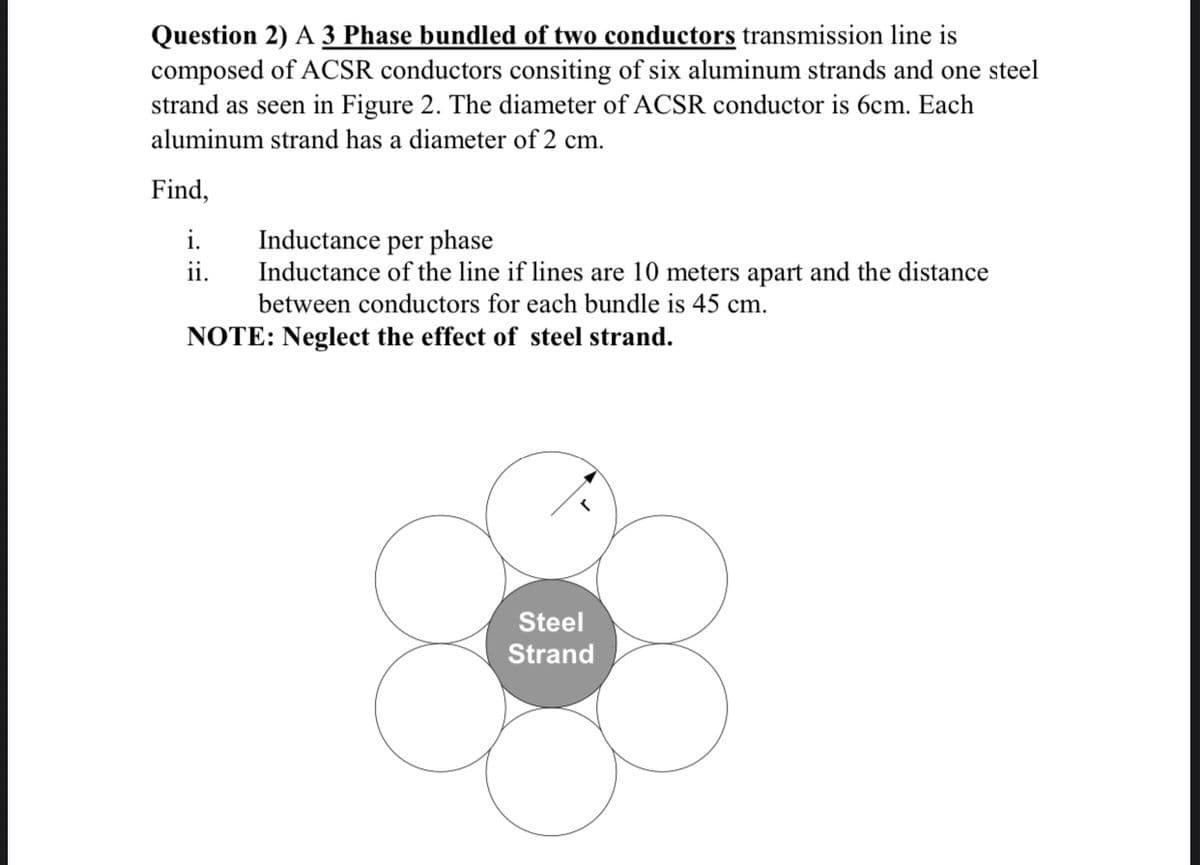 Question 2) A 3 Phase bundled of two conductors transmission line is
composed of ACSR conductors consiting of six aluminum strands and one steel
strand as seen in Figure 2. The diameter of ACSR conductor is 6cm. Each
aluminum strand has a diameter of 2 cm.
Find,
Inductance per phase
Inductance of the line if lines are 10 meters apart and the distance
between conductors for each bundle is 45 cm.
i.
ii.
NOTE: Neglect the effect of steel strand.
Steel
Strand
