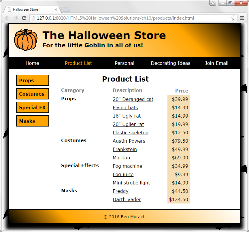 Halloween Store
D 127.0.0.1:8020/HTML5%20Halloween%20Solutions/ch10/products/index.html
The Halloween Store
For the little Goblin in all of us!
Home
Product List
Personal
Decorating Ideas
Join Email
Product List
Props
Category
Description
Price
Costumes
20" Deranged cat
Flying bats
16" Ugly rat
20" Uglier rat
Plastic skeleton
Austin Powers
Props
$39.99
Special FX
$14.99
$14.99
Masks
$19.99
$12.50
Costumes
$79.50
Frankstein
$49.99
Martian
$69.99
Fog machine
Fog juice
Mini strobe light
Special Effects
$34.99
$9.99
$14.99
Masks
Freddy
$44.50
Darth Vader
$124.50
© 2016 Ben Murach
II
