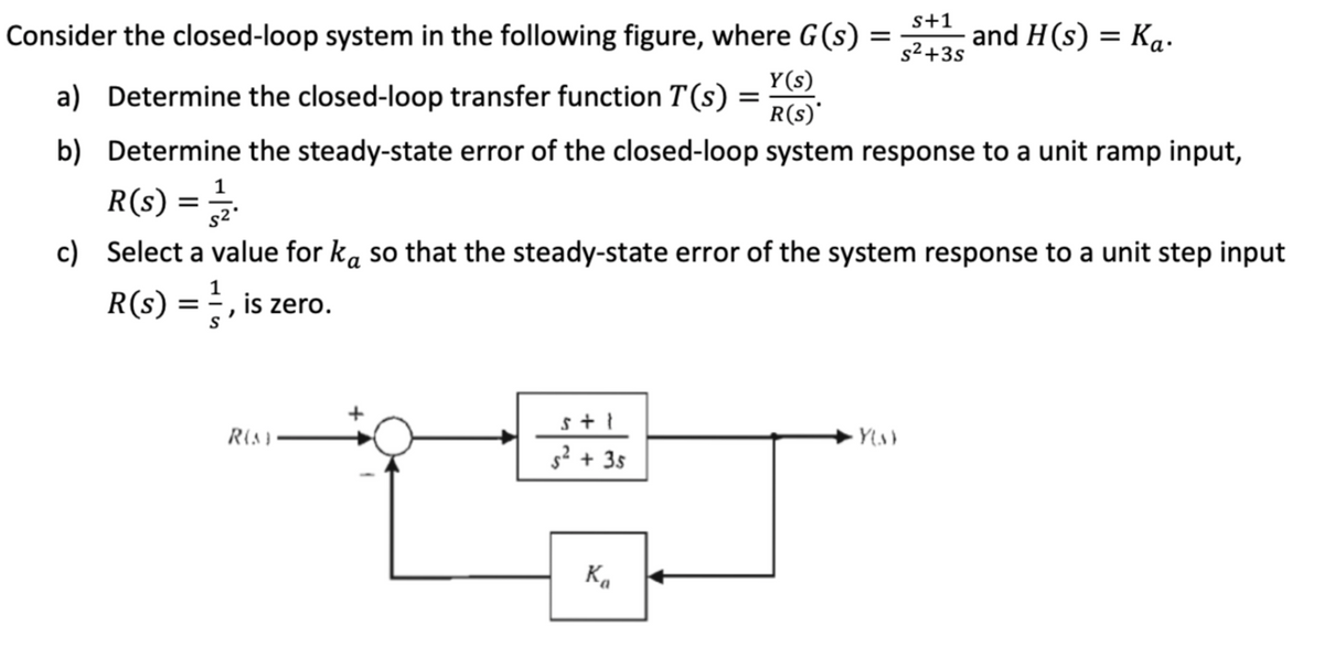 Consider the closed-loop system in the following figure, where G(s)
a) Determine the closed-loop transfer function T(s) =
=
Y(s)
R(s)*
b) Determine the steady-state error of the closed-loop system response to a unit ramp input,
=
S
R(S) == /2²
c) Select a value for ka so that the steady-state error of the system response to a unit step input
1
R(s)
"
is zero.
R(S)
=
s+1
5² +35
Ka
s+1
s²+3s
and H(s) = Ka.
Y(s)