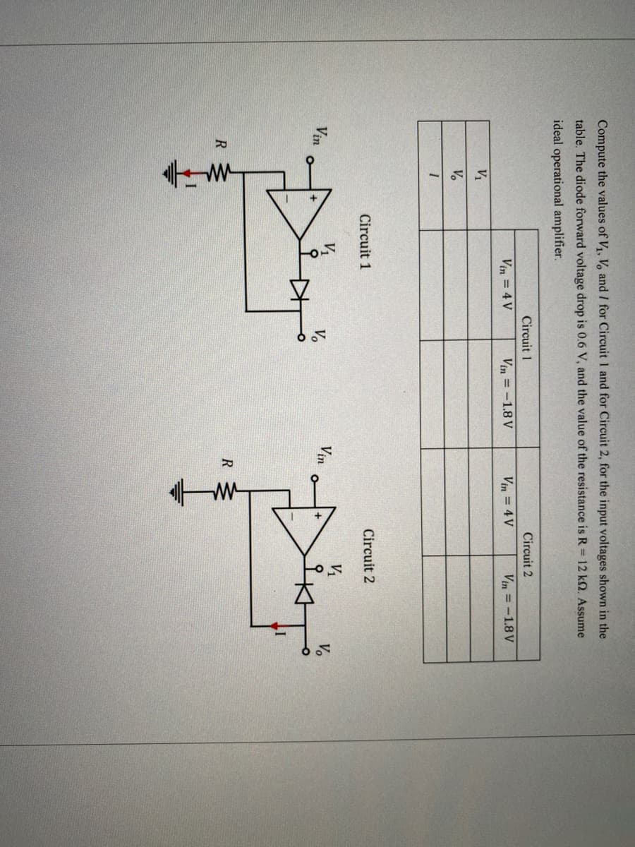 Compute the values of V, V, and I for Circuit 1 and for Circuit 2, for the input voltages shown in the
table. The diode forward voltage drop is 0.6 V, and the value of the resistance is R 12 kO. Assume
ideal operational amplifier.
Circuit 1
Circuit 2
Vin = 4 V
Vin = -1.8 V
Vin = 4 V
Vin = -1.8 V
V1
Vo
Circuit 2
Circuit 1
V1
Vin
V1
Vo
Vin
Vo
R
R
