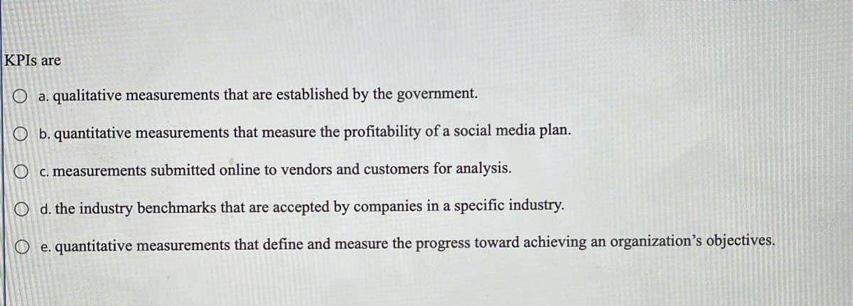 KPIS are
O a. qualitative measurements that are established by the government.
O b. quantitative measurements that measure the profitability of a social media plan.
C. measurements submitted online to vendors and customers for analysis.
O d. the industry benchmarks that are accepted by companies in a specific industry.
O e. quantitative measurements that define and measure the progress toward achieving an organization's objectives.
