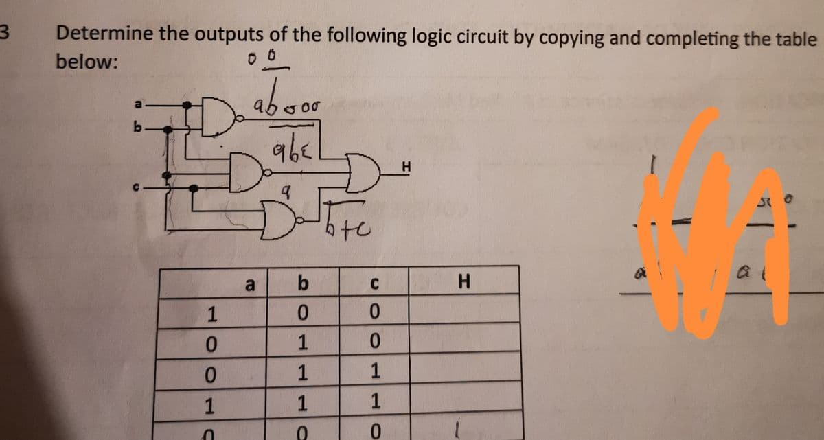 3
Determine the outputs of the following logic circuit by copying and completing the table
below:
00
b-
HOOC
1
0
0
1
absoo
abe
Be
a
b
0
OTTTO
1
1
1
0
to
C
0
0
1
LO
1
0
H
H
a
50