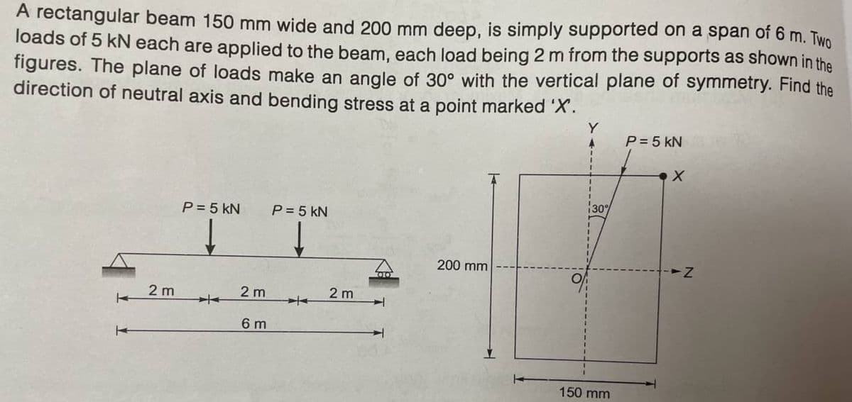 A rectangular beam 150 mm wide and 200 mm deep, is simply supported on a span of 6 m. Two
loads of 5 kN each are applied to the beam, each load being 2 m from the supports as shown in the
figures. The plane of loads make an angle of 30° with the vertical plane of symmetry. Find the
direction of neutral axis and bending stress at a point marked 'X.
K
2 m
P = 5 kN
2 m
6 m
P = 5 KN
2 m
200 mm
Y
A
30%
150 mm
P = 5 KN
X
-Z