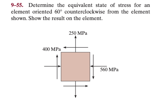 9-55. Determine the equivalent state of stress for an
element oriented 60° counterclockwise from the element
shown. Show the result on the element.
400 MPa
250 MPa
560 MPa