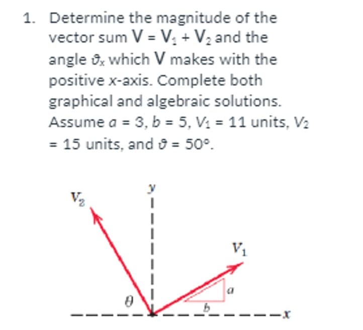 1. Determine the magnitude of the
vector sum V = V₁ + V₂ and the
angle x which V makes with the
positive x-axis. Complete both
graphical and algebraic solutions.
Assume a = 3, b = 5, V₁ = 11 units, V₂
= 15 units, and Ⓒ = 50°.
V₁
a