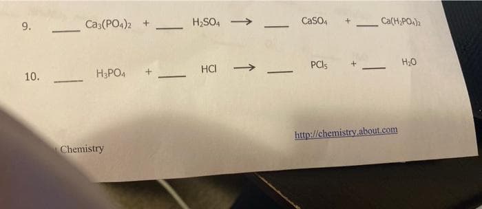 Ca3(PO4)2 +
H2SO4
CaSO4
Ca(H,PO)2
-
-
10.
H3PO4
HCI
PCI5
H;O
-
-
|
http://chemistry.about.com
Chemistry
9.
