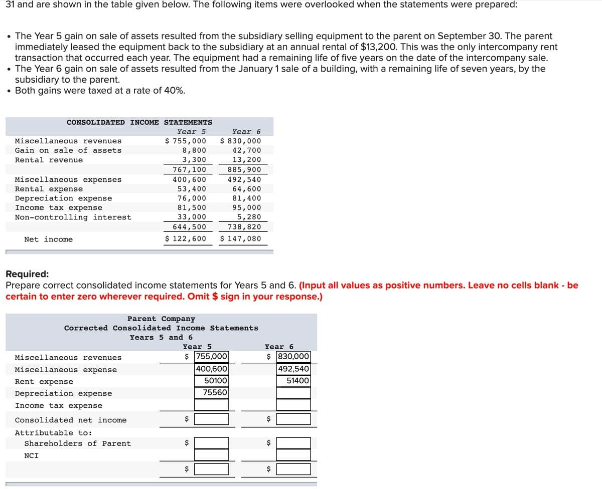 31 and are shown in the table given below. The following items were overlooked when the statements were prepared:
• The Year 5 gain on sale of assets resulted from the subsidiary selling equipment to the parent on September 30. The parent
immediately leased the equipment back to the subsidiary at an annual rental of $13,200. This was the only intercompany rent
transaction that occurred each year. The equipment had a remaining life of five years on the date of the intercompany sale.
The Year 6 gain on sale of assets resulted from the January 1 sale of a building, with a remaining life of seven years, by the
subsidiary to the parent.
• Both gains were taxed at a rate of 40%.
CONSOLIDATED INCOME STATEMENTS
Year 5
$ 755,000
8,800
3,300
Miscellaneous revenues
Gain on sale of assets
Rental revenue
Miscellaneous expenses
Rental expense
Depreciation expense
Income tax expense
Non-controlling interest
Net income
NCI
Required:
Prepare correct consolidated income statements for Years 5 and 6. (Input all values as positive numbers. Leave no cells blank - be
certain to enter zero wherever required. Omit $ sign in your response.)
Miscellaneous revenues
Miscellaneous expense
Rent expense
Depreciation expense
Income tax expense
Consolidated net income
Attributable to:
Shareholders of Parent
767,100
885,900
400,600
492,540
53,400
64,600
76,000
81,400
81,500
95,000
33,000
5,280
644,500
738,820
$ 122,600 $ 147,080
Parent Company
Corrected Consolidated Income Statements
Years 5 and 6
Year 6
$ 830,000
42,700
13,200
Year 5
$ 755,000
400,600
50100
75560
$
$
es
$
Year 6
$ 830,000
492,540
51400
$
$
es
$