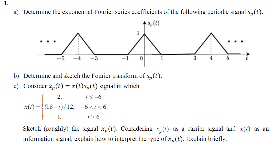 1.
a) Determine the exponential Fourier series coefficients of the following periodic signal s„ (t).
1 Sp(t)
1
..
-5
-4
-3
-1
1
3
4
b) Determine and sketch the Fourier transform of s, (t).
c) Consider xp (t) = x(t)sp(t) signal in which
2,
t<-6
x(t) ={(18–t)/12, -6<t<6.
1,
t26
Sketch (roughly) the signal xp(t). Considering s,(t) as a carrier signal and x(f) as an
information signal, explain how to interpret the type of xp(t). Explain briefly.
