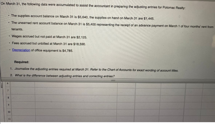 On March 31, the following data were accumulated to assist the accountant in preparing the adjusting entries for Potomac Realty:
• The supplies account balance on March 31 is $5,640, the supplies on hand on March 31 are $1,445.
The unearned rent account balance on March 31 is $5,400 representing the receipt of an advance payment on March 1 of four months' rent from
tenants.
Wages accrued but not paid at March 31 are $2,125.
· Fees accrued but unbilled at March 31 are $18,590.
Depreciation of office equipment is $4,785.
Required:
1. Journalize the adjusting entries required at March 31. Refer to the Chart of Accounts for exact wording of account titles.
2. What is the difference between adjusting entries and correcting entries?
6.
10
11
