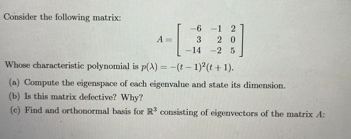 Consider the following matrix:
-1 2
A =
2 0
14
2 5
Whose characteristic polynomial is p(A) = -(t- 1)2(t + 1).
(a) Compute the eigenspace of each eigenvalue and state its dimension.
(b) Is this matrix defective? Why?
(c) Find and orthonormal basis for R consisting of eigenvectors of the matrix A:
