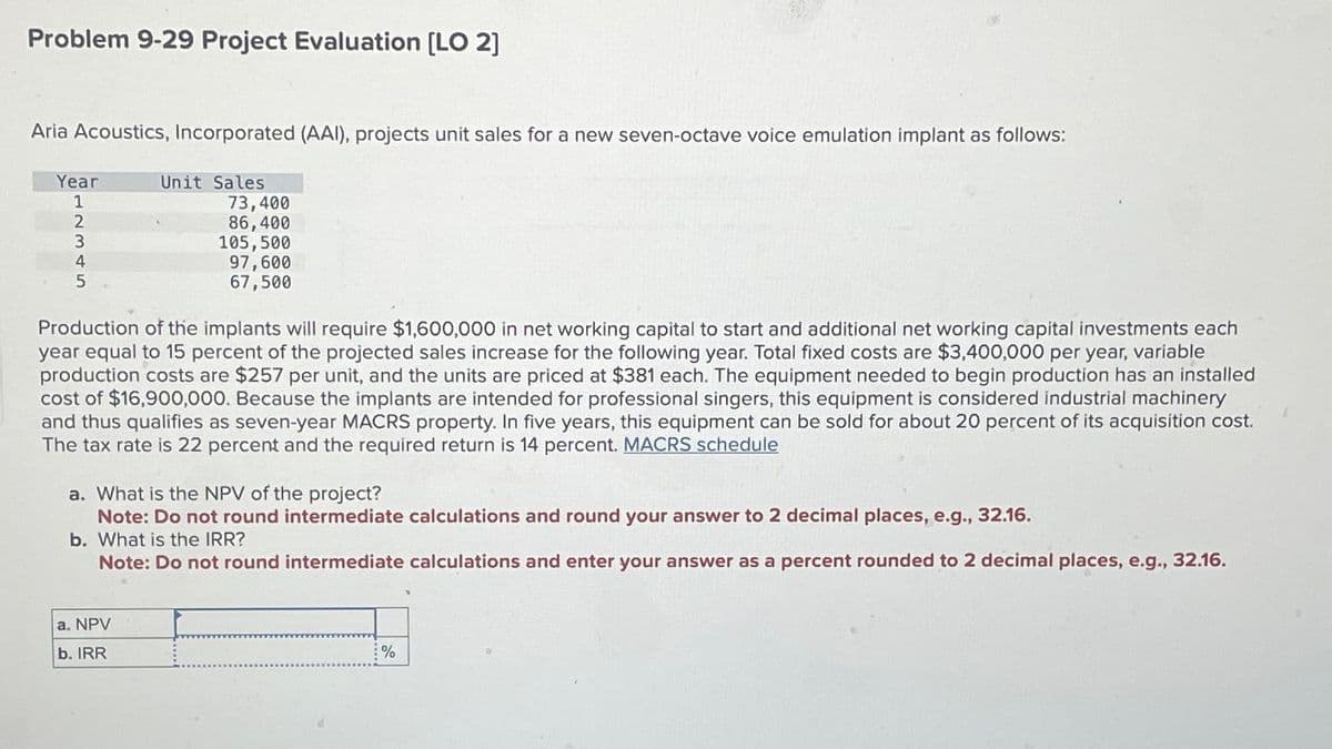 Problem 9-29 Project Evaluation [LO 2]
Aria Acoustics, Incorporated (AAI), projects unit sales for a new seven-octave voice emulation implant as follows:
Year
1
2
3
4
5
Unit Sales
73,400
86,400
105,500
97,600
67,500
Production of the implants will require $1,600,000 in net working capital to start and additional net working capital investments each
year equal to 15 percent of the projected sales increase for the following year. Total fixed costs are $3,400,000 per year, variable
production costs are $257 per unit, and the units are priced at $381 each. The equipment needed to begin production has an installed
cost of $16,900,000. Because the implants are intended for professional singers, this equipment is considered industrial machinery
and thus qualifies as seven-year MACRS property. In five years, this equipment can be sold for about 20 percent of its acquisition cost.
The tax rate is 22 percent and the required return is 14 percent. MACRS schedule
a. NPV
b. IRR
a. What is the NPV of the project?
Note: Do not round intermediate calculations and round your answer to 2 decimal places, e.g., 32.16.
b. What is the IRR?
Note: Do not round intermediate calculations and enter your answer as a percent rounded to 2 decimal places, e.g., 32.16.
%