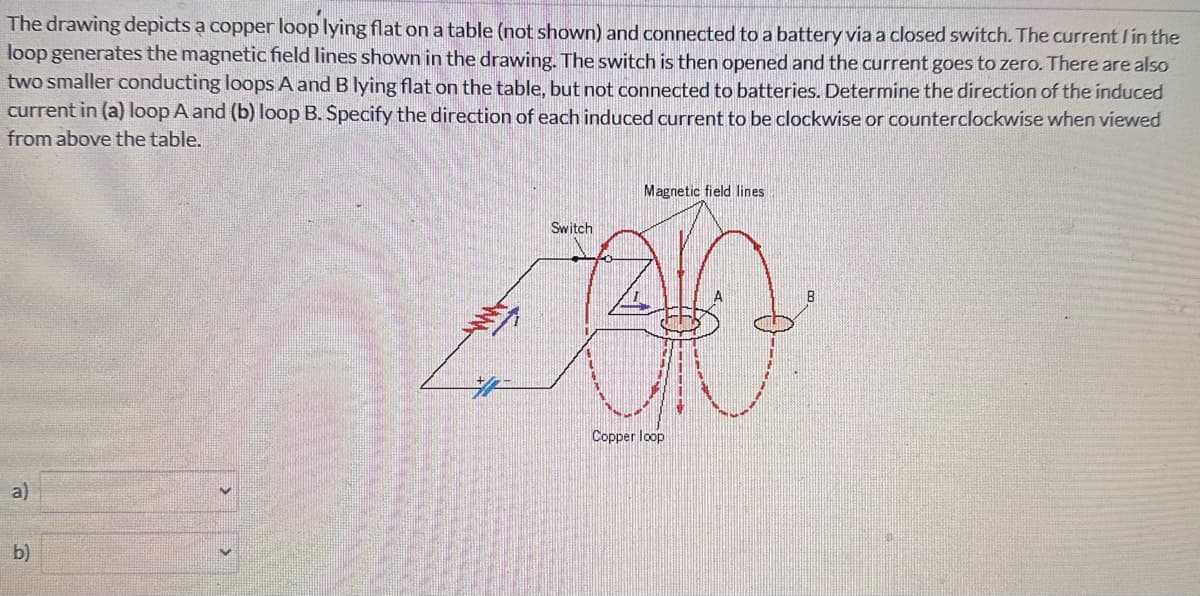The drawing depicts a copper loop lying flat on a table (not shown) and connected to a battery via a closed switch. The current / in the
loop generates the magnetic field lines shown in the drawing. The switch is then opened and the current goes to zero. There are also
two smaller conducting loops A and B lying flat on the table, but not connected to batteries. Determine the direction of the induced
current in (a) loop A and (b) loop B. Specify the direction of each induced current to be clockwise or counterclockwise when viewed
from above the table.
Magnetic field lines
Switch
Copper loop
a)
b)