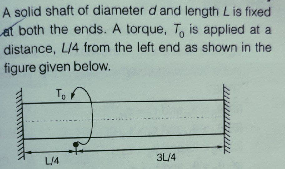 A solid shaft of diameter d and length L is fixed
at both the ends. A torque, To is applied at a
distance, L/4 from the left end as shown in the
figure given below.
To
L/4
3L/4
