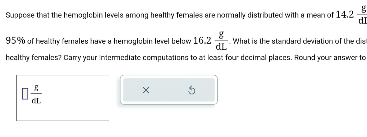 Suppose that the hemoglobin levels among healthy females are normally distributed with a mean of 14.2
g
dL
g
95% of healthy females have a hemoglobin level below 16.2 What is the standard deviation of the dist
dL
healthy females? Carry your intermediate computations to at least four decimal places. Round your answer to
0
g
dL
X