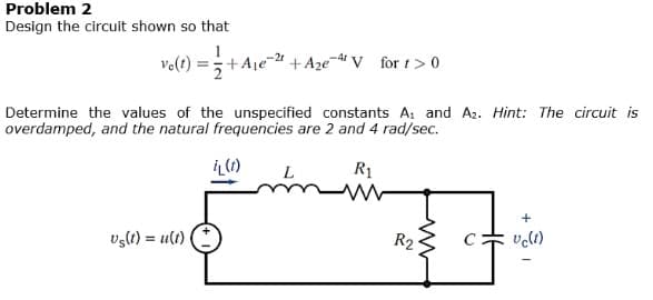 Problem 2
Design the circuit shown so that
1
+Aje-4 + Aze-V for t> 0
-21
ve(t)
Determine the values of the unspecified constants A: and A2. Hint: The circuit is
overdamped, and the natural frequencies are 2 and 4 rad/sec.
R1
vglt) = u(t)
R2
velt)
