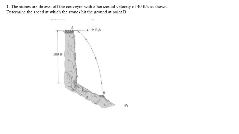 1. The stones are thrown off the conveyor with a horizontal velocity of 40 ft's as shown.
Determine the speed at which the stones hit the ground at point B.
40 ft/s
100 ft
Pi
