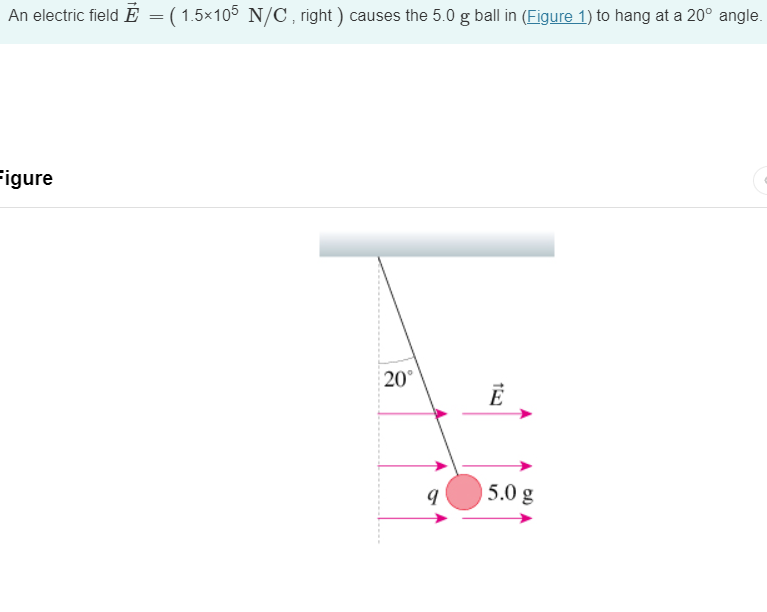 An electric field E = (1.5×105 N/C, right) causes the 5.0 g ball in (Figure 1) to hang at a 20° angle.
Figure
20°
153
9
5.0 g