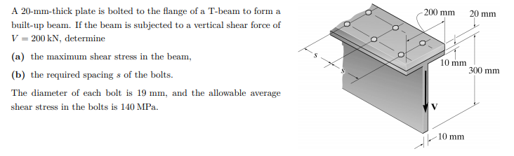 A 20-mm-thick plate is bolted to the flange of a T-beam to form a
200 mm
20 mm
built-up beam. If the beam is subjected to a vertical shear force of
V = 200 kN, determine
(a) the maximum shear stress in the beam,
10 mm
300 mm
(b) the required spacing s of the bolts.
The diameter of each bolt is 19 mm, and the allowable average
shear stress in the bolts is 140 MPa.
10 mm
