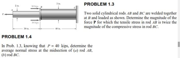 PROBLEM 1.3
3 in.
30 kips
Two solid cylindrical rods AB and BC are welded together
at B and loaded as shown. Determine the magnitude of the
force P for which the tensile stress in rod AB is twice the
magnitude of the compressive stress in rod BC.
30 kips
40 in
PROBLEM 1.4
In Prob. 1.3, knowing that P = 40 kips, determine the
average normal stress at the midsection of (a) rod AB,
(b) rod BC.
