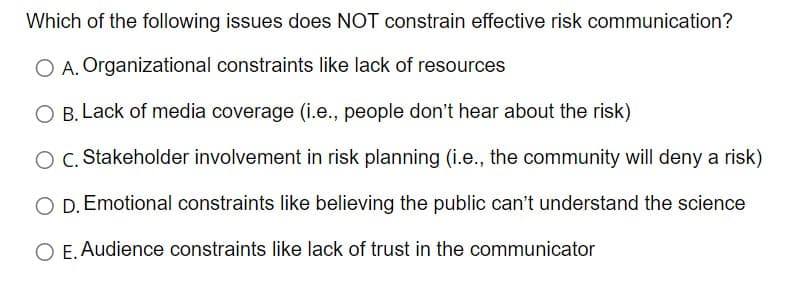 Which of the following issues does NOT constrain effective risk communication?
O A. Organizational constraints like lack of resources
O B. Lack of media coverage (i.e., people don't hear about the risk)
O C. Stakeholder involvement in risk planning (i.e., the community will deny a risk)
O D. Emotional constraints like believing the public can't understand the science
O E. Audience constraints like lack of trust in the communicator