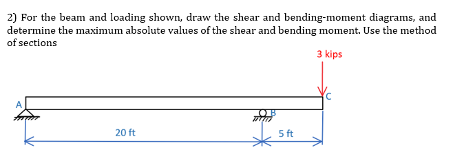 2) For the beam and loading shown, draw the shear and bending-moment diagrams, and
determine the maximum absolute values of the shear and bending moment. Use the method
of sections
3 kips
20 ft
5 ft
