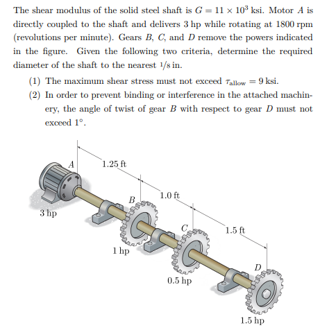 The shear modulus of the solid steel shaft is G = 11 x 10° ksi. Motor A is
directly coupled to the shaft and delivers 3 hp while rotating at 1800 rpm
(revolutions per minute). Gears B, C, and D remove the powers indicated
in the figure. Given the following two criteria, determine the required
diameter of the shaft to the nearest 1/s in.
(1) The maximum shear stress must not exceed Tallow = 9 ksi.
(2) In order to prevent binding or interference in the attached machin-
ery, the angle of twist of gear B with respect to gear D must not
exceed 1°.
1.25 ft
1.0 ft
3 hp
1.5 ft
1 hp
0.5 hp
1.5 hp
