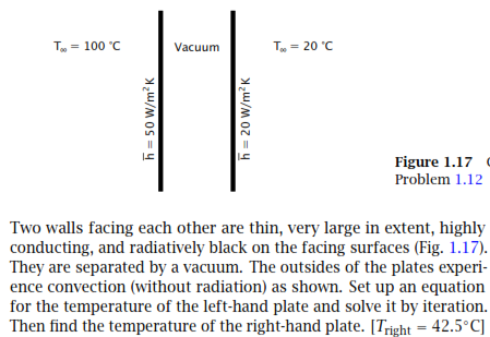 T = 100 °C
Vacuum
T, = 20 °C
Figure 1.17
Problem 1.12
Two walls facing each other are thin, very large in extent, highly
conducting, and radiatively black on the facing surfaces (Fig. 1.17).
They are separated by a vacuum. The outsides of the plates experi-
ence convection (without radiation) as shown. Set up an equation
for the temperature of the left-hand plate and solve it by iteration.
Then find the temperature of the right-hand plate. [Tright = 42.5°C]
h = 50 W/m?K
h = 20 W/m?K
