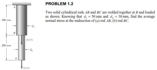 PROBLEM 1.2
Two solid cylindrical rods AB and BC are welded together at B and loaded
as shown. Knowing that d = 50 mm and dz = 30 mm, find the average
normal stress at the midsection of (a) rod AB, (b) rod BC.
300 mm
40 kN
250 mm
V30 KN
