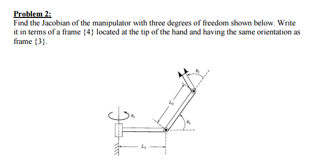 Problem 2:
Find the Jacobian of the manipulator with three degrees of freedom shown below. Write
it in terms of a frame {4} located at the tip of the hand and having the same orientation as
frame {3}.
22