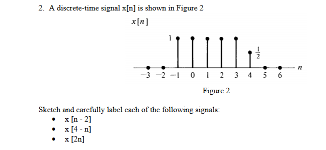 2. A discrete-time signal x[n] is shown in Figure 2
x[n]
-3 -2 -1 0 1 2 3 4 5 6
Figure 2
Sketch and carefully label each of the following signals:
x [n - 2]
x [4 - n]
x [2n]
