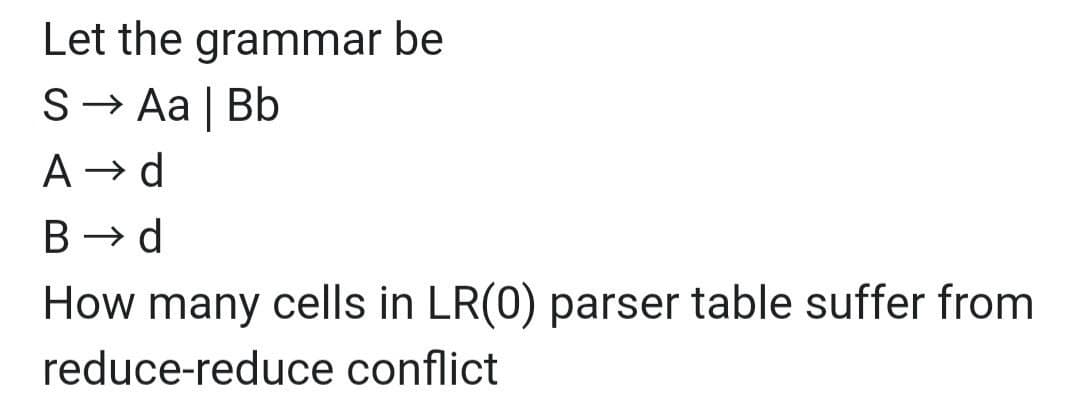 Let the grammar be
S→ Aa | Bb
A → d
B → d
How many cells in LR(0) parser table suffer from
reduce-reduce conflict

