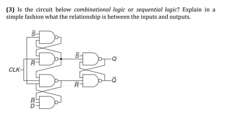(3) Is the circuit below combinational logic or sequential logic? Explain in a
simple fashion what the relationship is between the inputs and outputs.
S-
S-
CLK-
IRD
