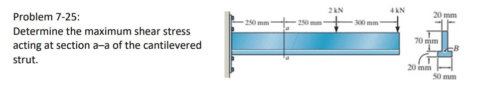 Problem 7-25:
Determine the maximum shear stress
acting at section a-a of the cantilevered
strut.
250 mm
250 mm
2 kN
4 kN
20 mm
300 mm
70 mm
20 mm
EB
50 mm