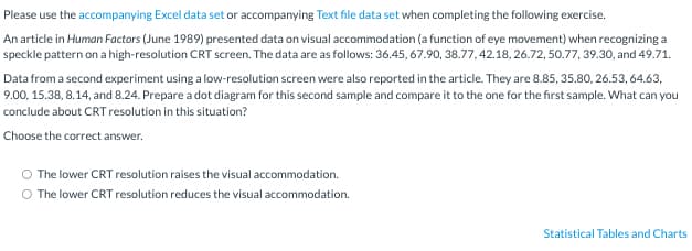 Please use the accompanying Excel data set or accompanying Text file data set when completing the following exercise.
An article in Human Factors (June 1989) presented data on visual accommodation (a function of eye movement) when recognizing a
speckle pattern on a high-resolution CRT screen. The data are as follows: 36.45, 67.90, 38.77,42.18, 26.72, 50.77, 39.30, and 49.71.
Data from a second experiment using a low-resolution screen were also reported in the article. They are 8.85, 35.80, 26.53, 64.63,
9.00, 15.38, 8.14, and 8.24. Prepare a dot diagram for this second sample and compare it to the one for the first sample. What can you
conclude about CRT resolution in this situation?
Choose the correct answer.
The lower CRT resolution raises the visual accommodation.
The lower CRT resolution reduces the visual accommodation.
Statistical Tables and Charts