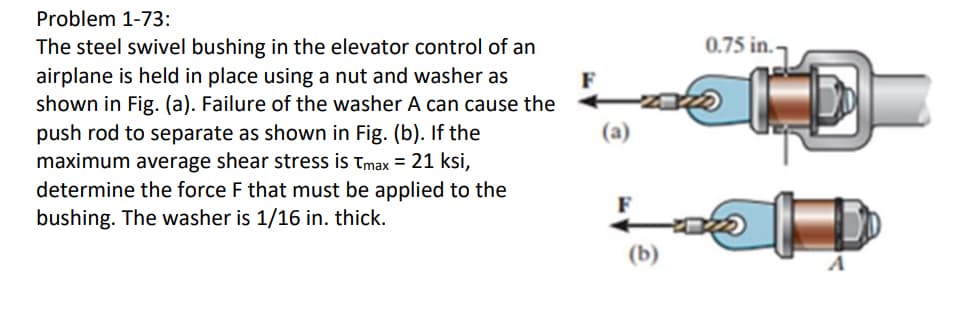 Problem 1-73:
The steel swivel bushing in the elevator control of an
airplane is held in place using a nut and washer as
shown in Fig. (a). Failure of the washer A can cause the
push rod to separate as shown in Fig. (b). If the
maximum average shear stress is Tmax = 21 ksi,
determine the force F that must be applied to the
bushing. The washer is 1/16 in. thick.
@
(b)
0.75 in.-