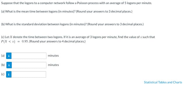 Suppose
that the logons to a computer network follow a Poisson process with an average of 5 logons per minute.
(a) What is the mean time between logons (in minutes)? (Round your answers to 3 decimal places.)
(b) What is the standard deviation between logons (in minutes)? (Round your answers to 3 decimal places.)
(c) Let X denote the time between two logons. If it is an average of 3 logons per minute, find the value of x such that
P(X < x) = 0.95. (Round your answers to 4 decimal places.)
(a) i
(b)
i
(c) i
minutes
minutes
Statistical Tables and Charts