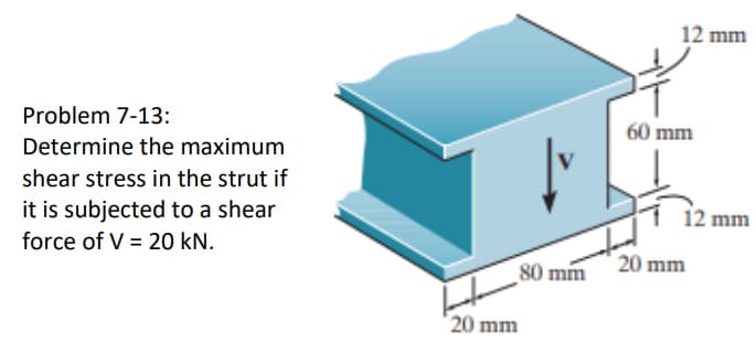 Problem 7-13:
Determine the maximum
shear stress in the strut if
it is subjected to a shear
force of V 20 kN.
12 mm
60 mm
12 mm
80 mm
20 mm
20 mm