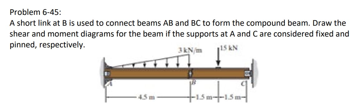 Problem 6-45:
A short link at B is used to connect beams AB and BC to form the compound beam. Draw the
shear and moment diagrams for the beam if the supports at A and C are considered fixed and
pinned, respectively.
15 KN
TH